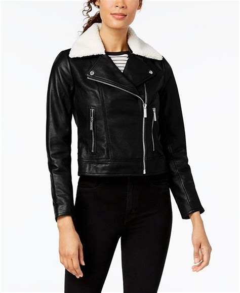 michael kors leather moto jacket with faux shearling collar